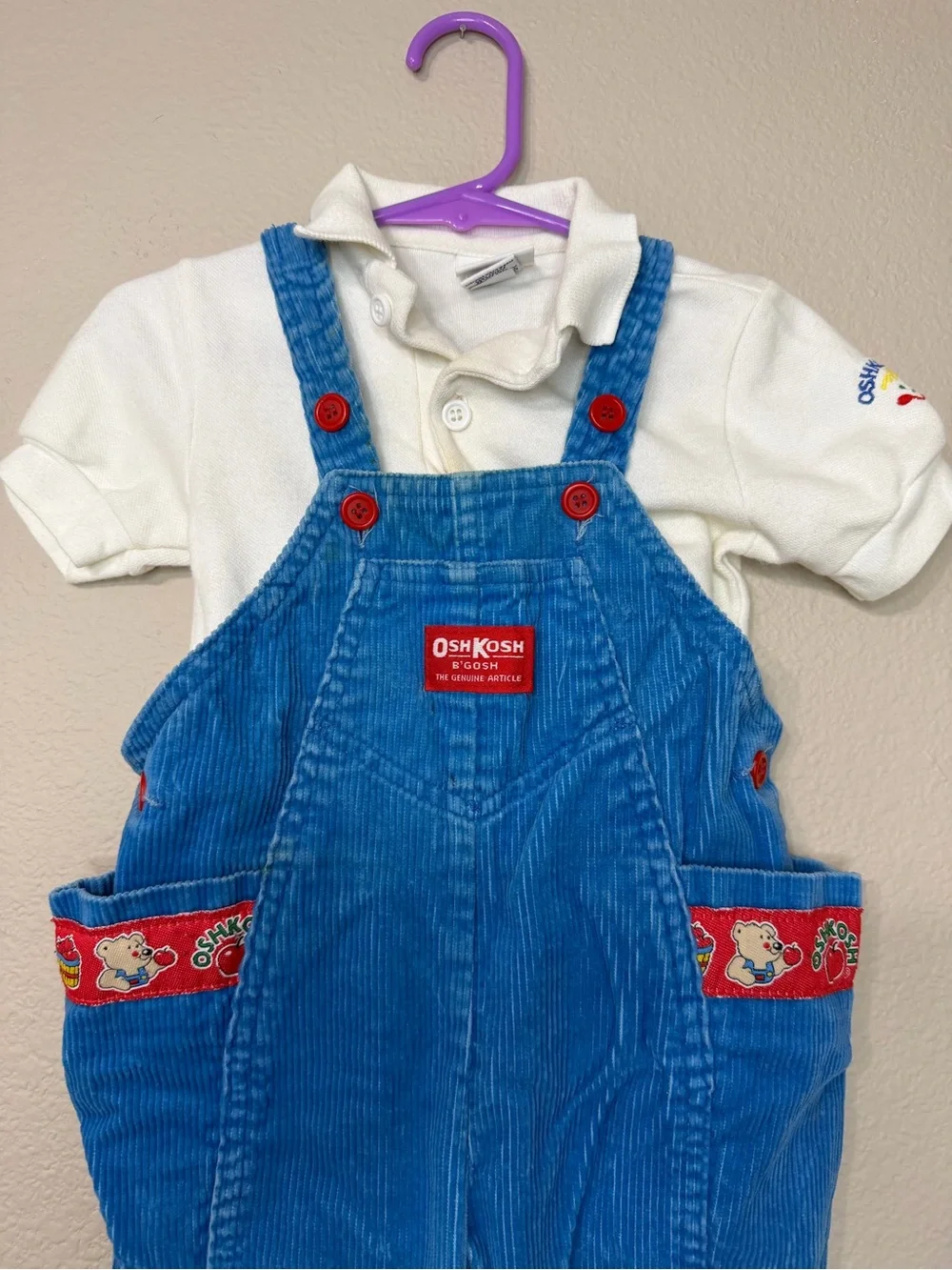 OshKosh B'gosh Bright Blue Corduroy Overalls with Red Accents (Read Description)
